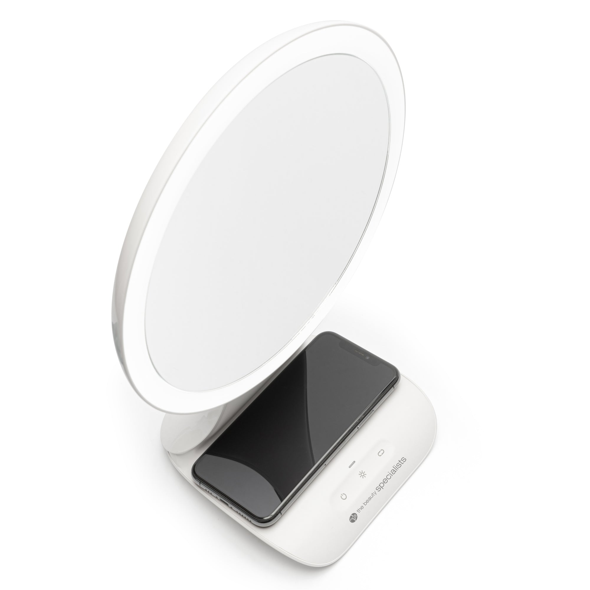 5x magnification LED makeup mirror with wireless charging station