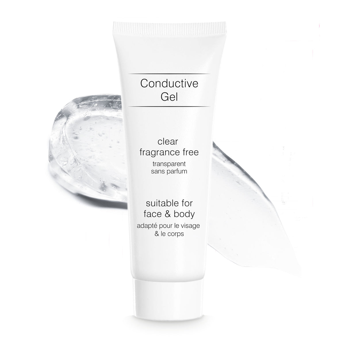 A close-up of a white tube labeled &#39;Conductive Gel&#39;. This clear, fragrance-free electrolytic gel is suitable for both face and body use. The product is ideal for improving conductivity when used with EMS, TENS, and microcurrent devices, enhancing facial toning and muscle stimulation