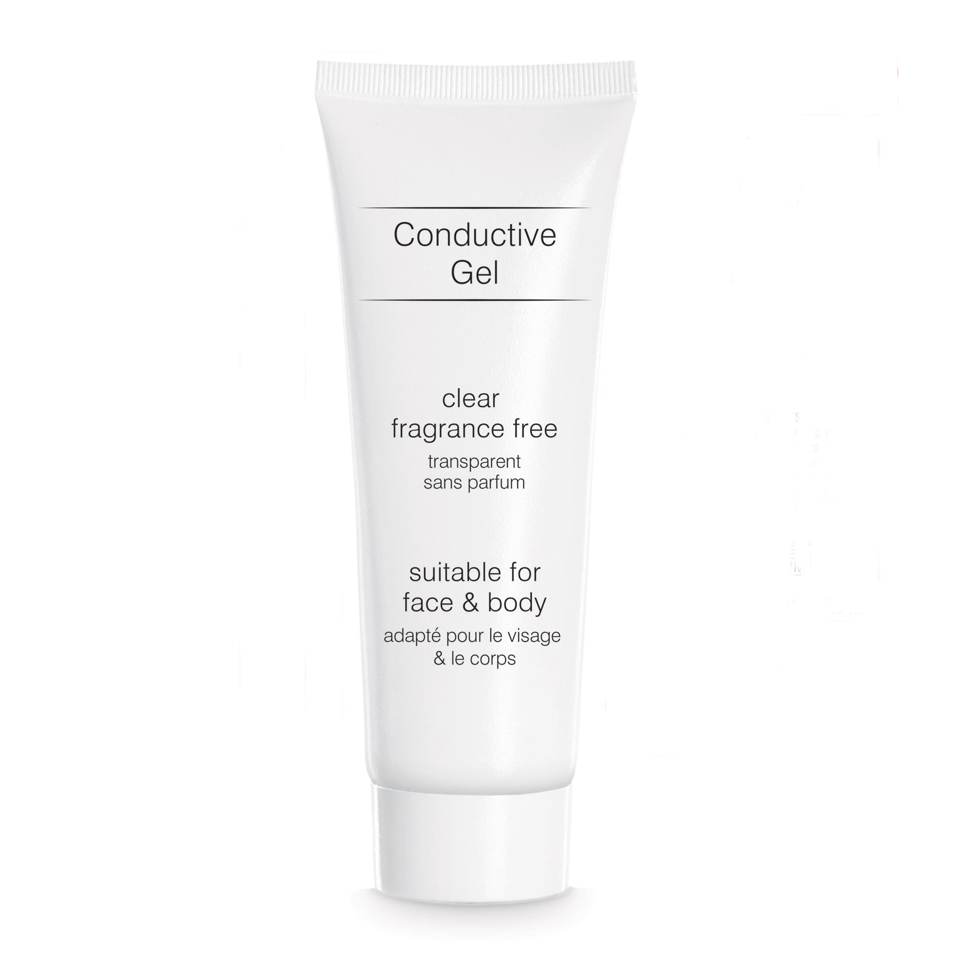 The white tube of Conductive Gel, showcasing its clear, fragrance-free, water-based formula. This conductivity gel is designed for face and body applications, enhancing results when used with EMS, TENS, and microcurrent conductive gel devices such as facial toners and radiofrequency tools.