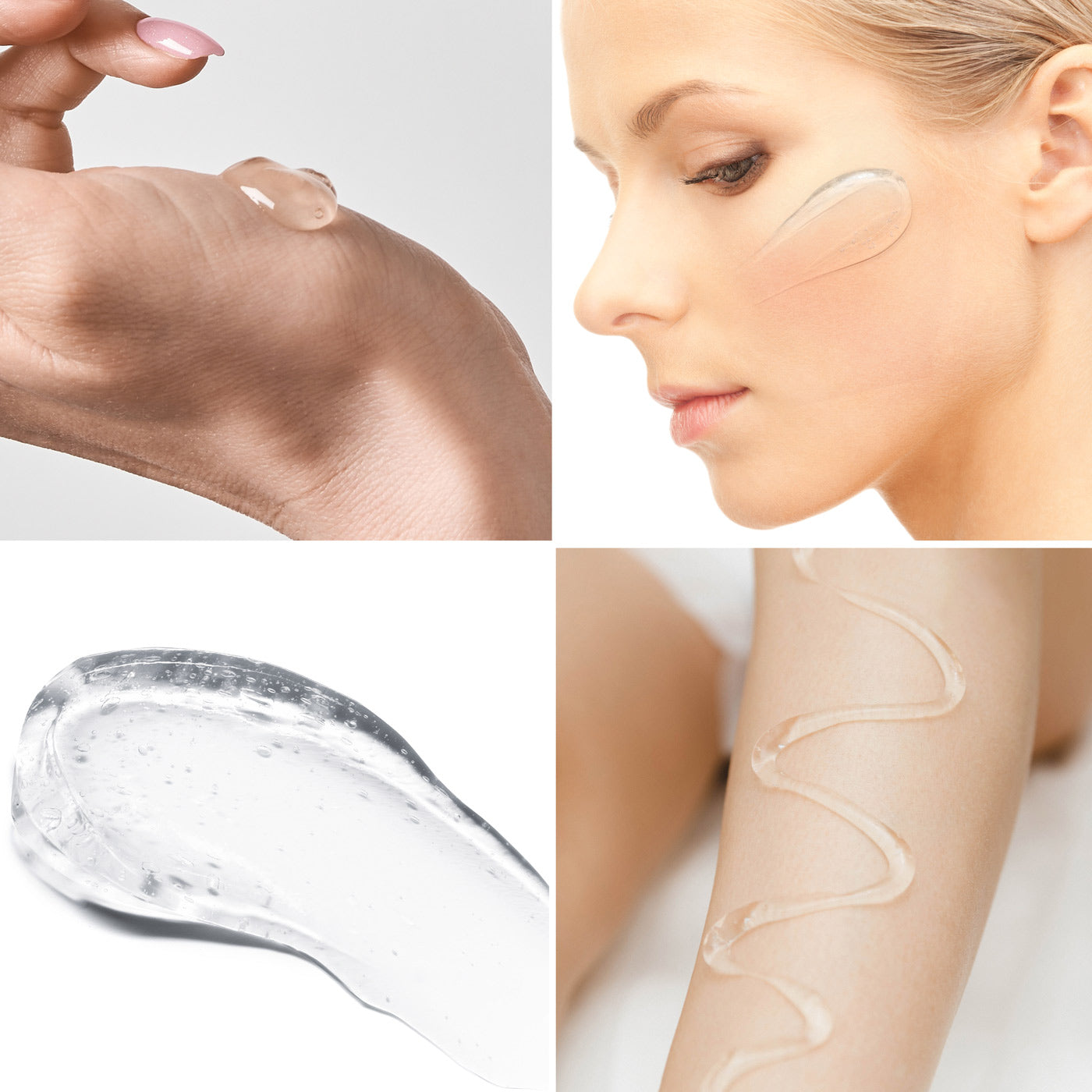 A collage showing the texture and application of Conductive Gel. The top-left image depicts the electrolytic gel being applied to a hand, while the top-right shows it on the face. The bottom-left close-up highlights the clear, water-based conductivity gel, and the bottom-right displays the gel on the leg in preparation for use with EMS or TENS devices.