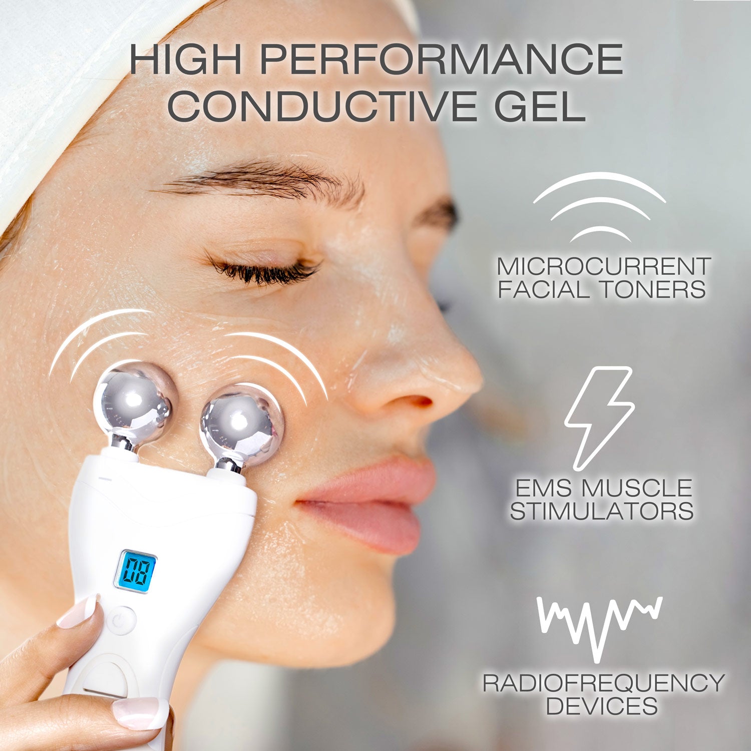 A woman using a facial toning device with microcurrent conductive gel applied to her face. The  Conductive Gel enhances conductivity, making it suitable for use with EMS, TENS, microcurrent facial toners, and radiofrequency devices for optimal skin stimulation and toning.