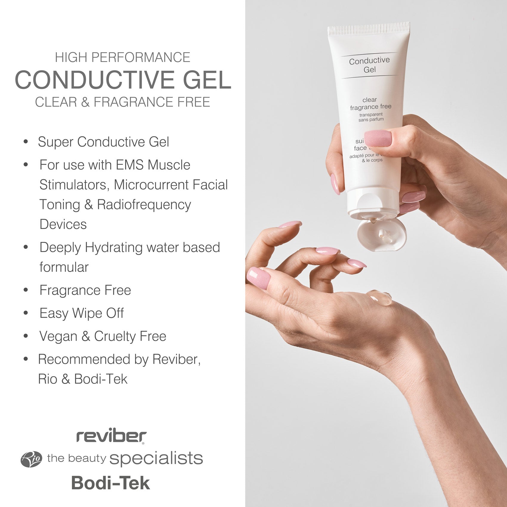 A person applying Conductive Gel, highlighting its compatibility with EMS, TENS, microcurrent facial toners, and radiofrequency devices. This water-based, deeply hydrating conductivity gel is fragrance-free, vegan, and cruelty-free, making it suitable for a range of beauty and therapy applications.