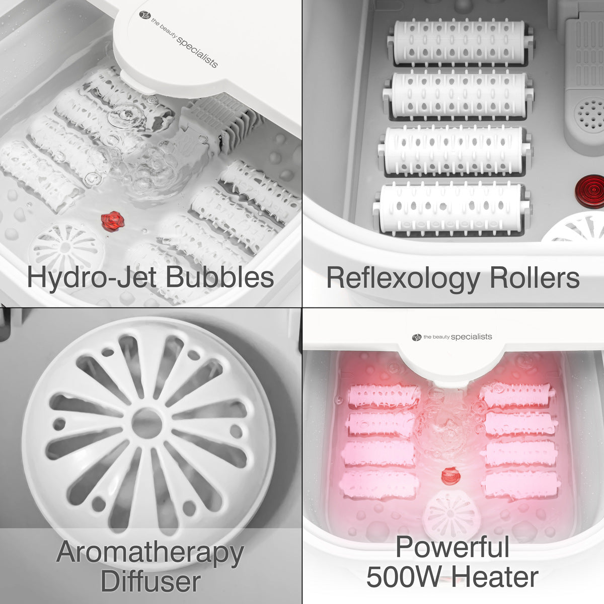 Collage of 4 images showing the key features of the Foldaway Foot Spa Bath: Hydro-Jet Bubbles, Reflexology Rollers, Aromatherapy Diffuser, and a 500W Heater. 