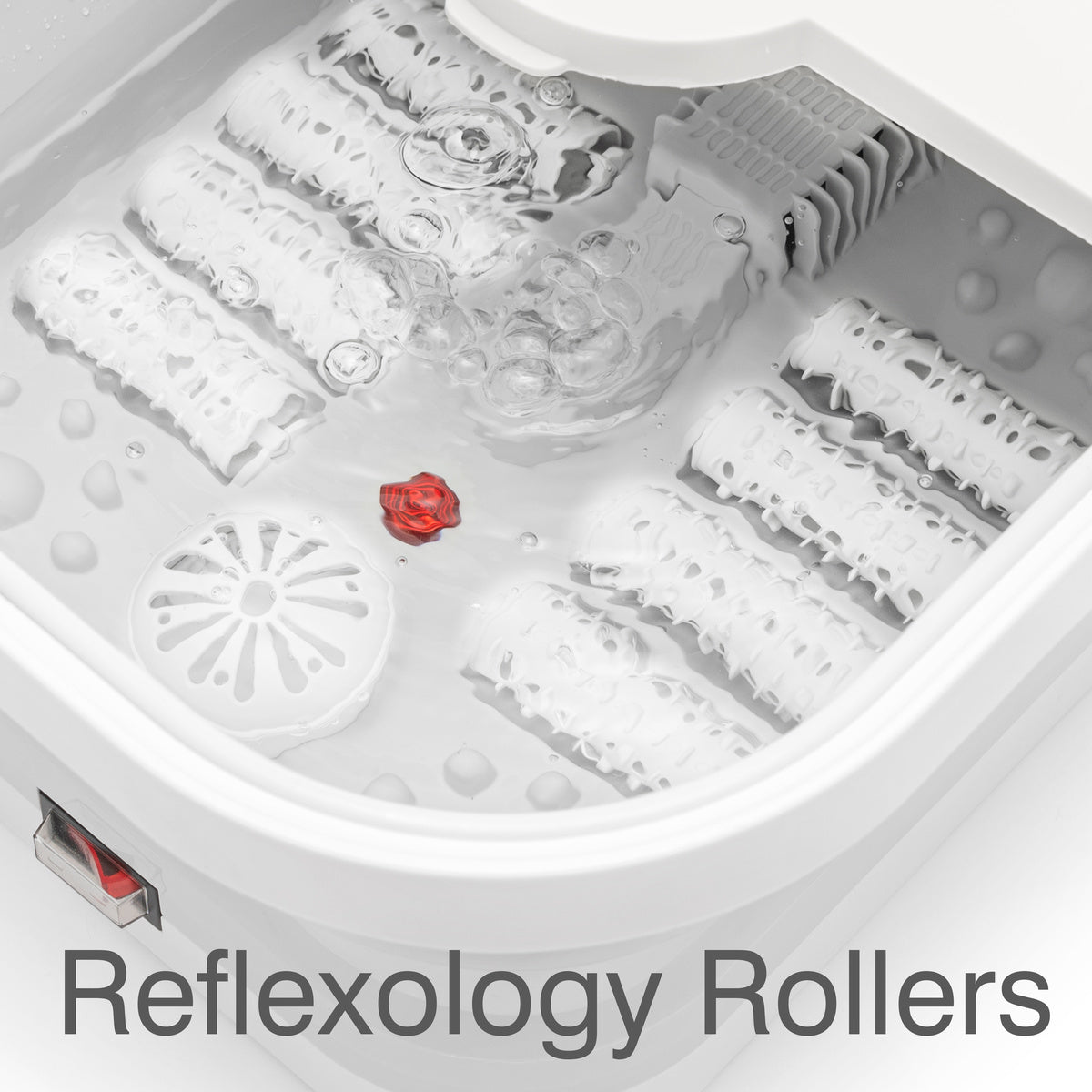 Close-up of the reflexology rollers in the Foldaway Foot Spa Bath, with water and bubbles circulating. The "Reflexology Rollers" text points to its functionality for a deep foot massage spa. This foot spa machine is ideal for personal care and relaxation at home.