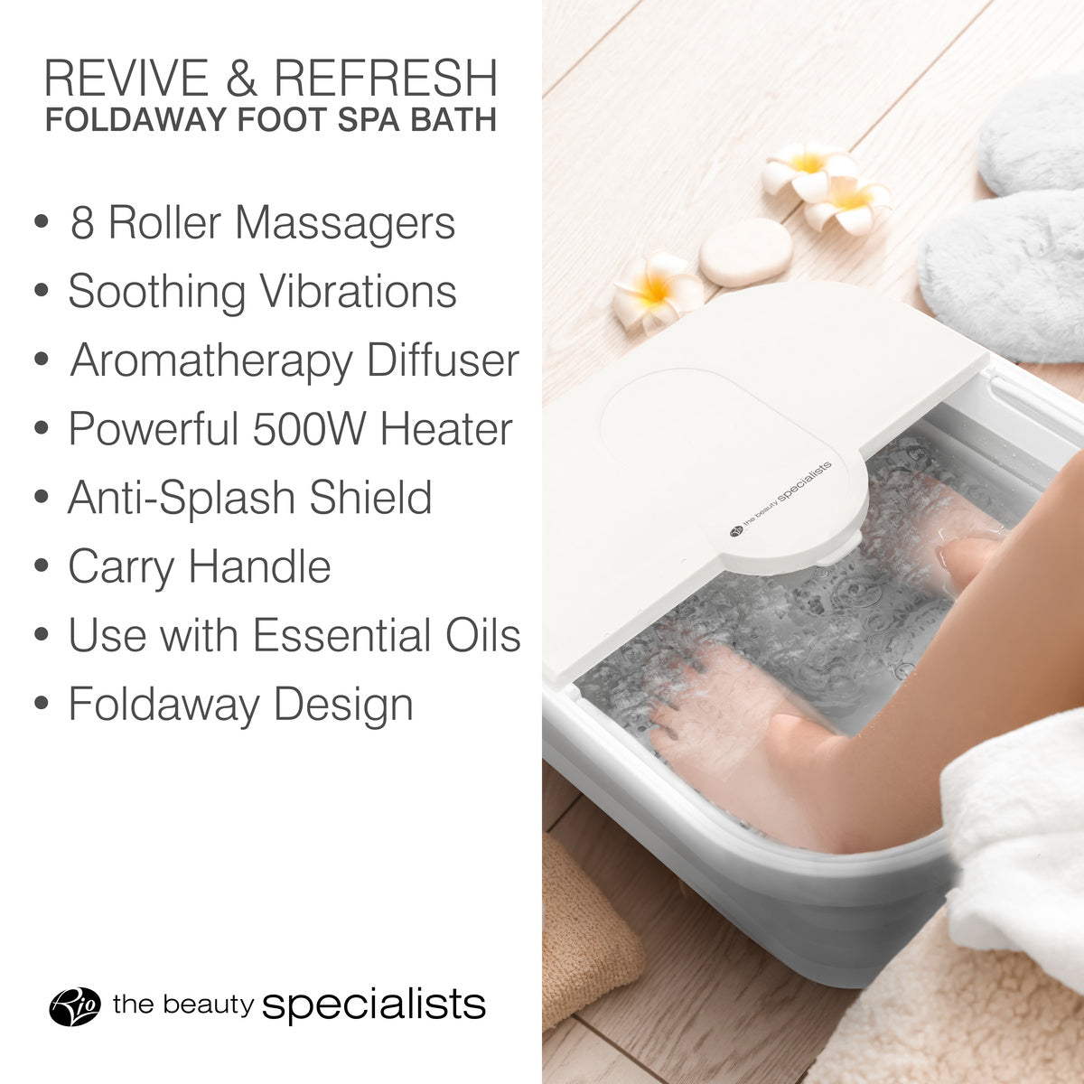 Promotional slide featuring a person using the Foldaway Foot Spa Bath, with key product features listed: 8 Roller Massagers, Soothing Vibrations, Aromatherapy Diffuser, Powerful 500W Heater, Anti-Splash Shield and Foldaway Design. This footbath is a perfect foot soaker for those looking for an all-in-one foot massage spa experience at home.