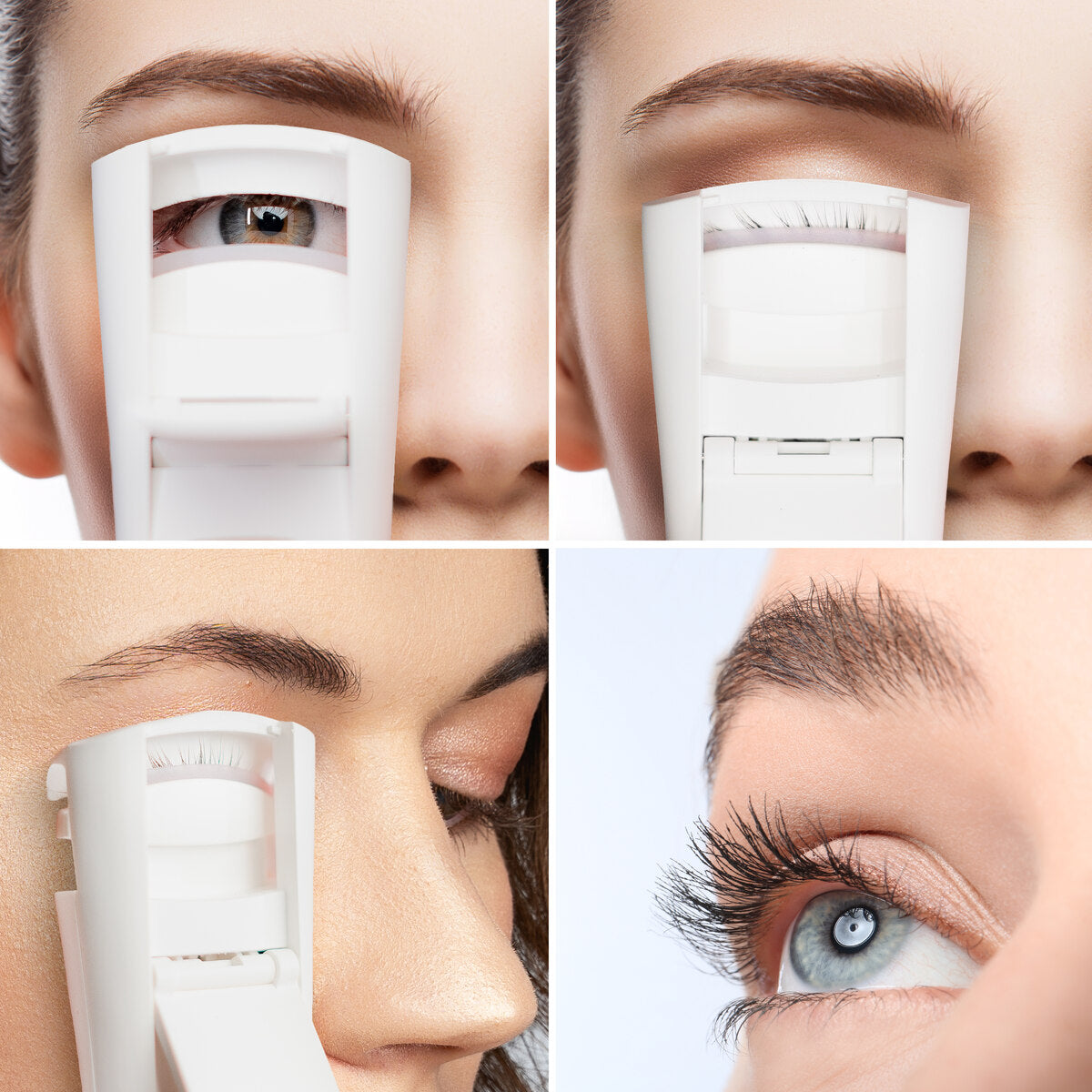 A step-by-step demonstration of a woman using the Heated Eyelash Curler. The images show the Heated Eyelash Curler being applied to the eyelashes, followed by the results of perfectly curled lashes.