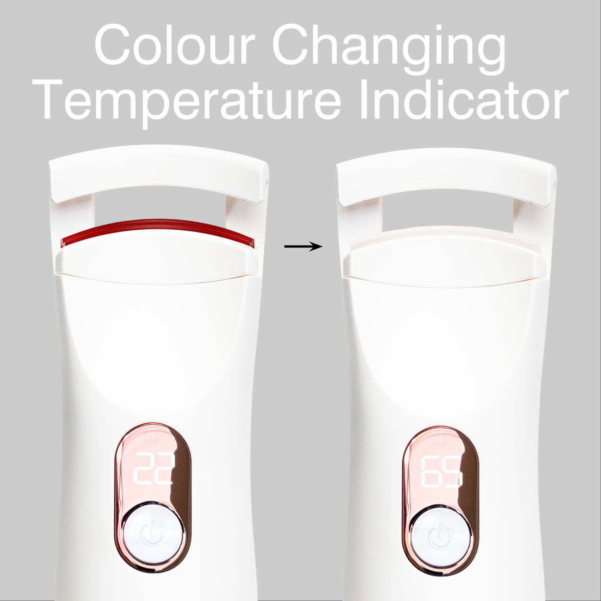 A close-up of the Wow Lash Pro Heated Eyelash Curler's colour-changing temperature indicator. The curling bar shifts from red (cool) to white (heated), visually showing the device's readiness for use.