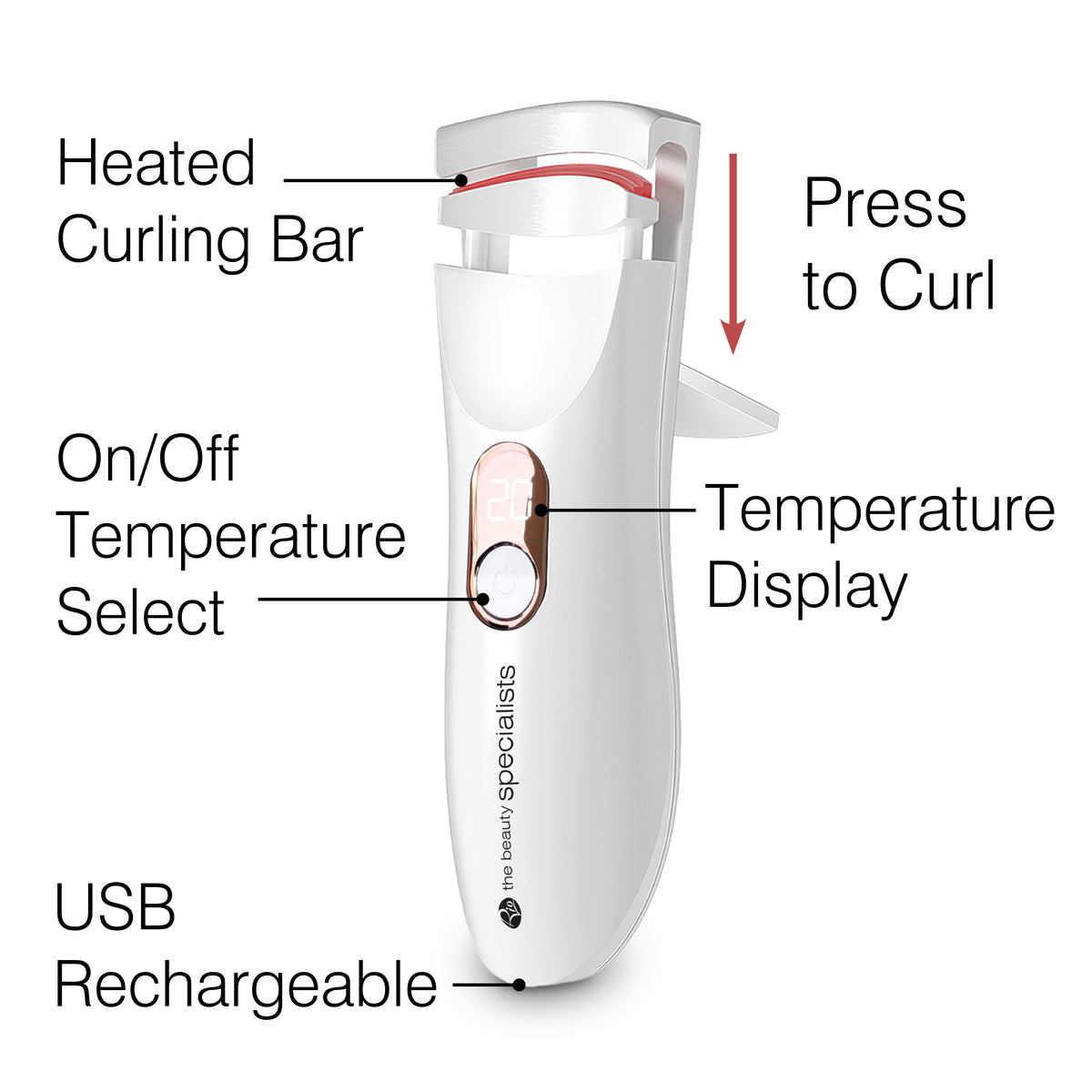 A labeled diagram of the Heated Eyelash Curler. The labels point out the heated curling bar, on/off temperature selector, digital temperature display, USB rechargeable feature, and the "press to curl" lever for ease of use.