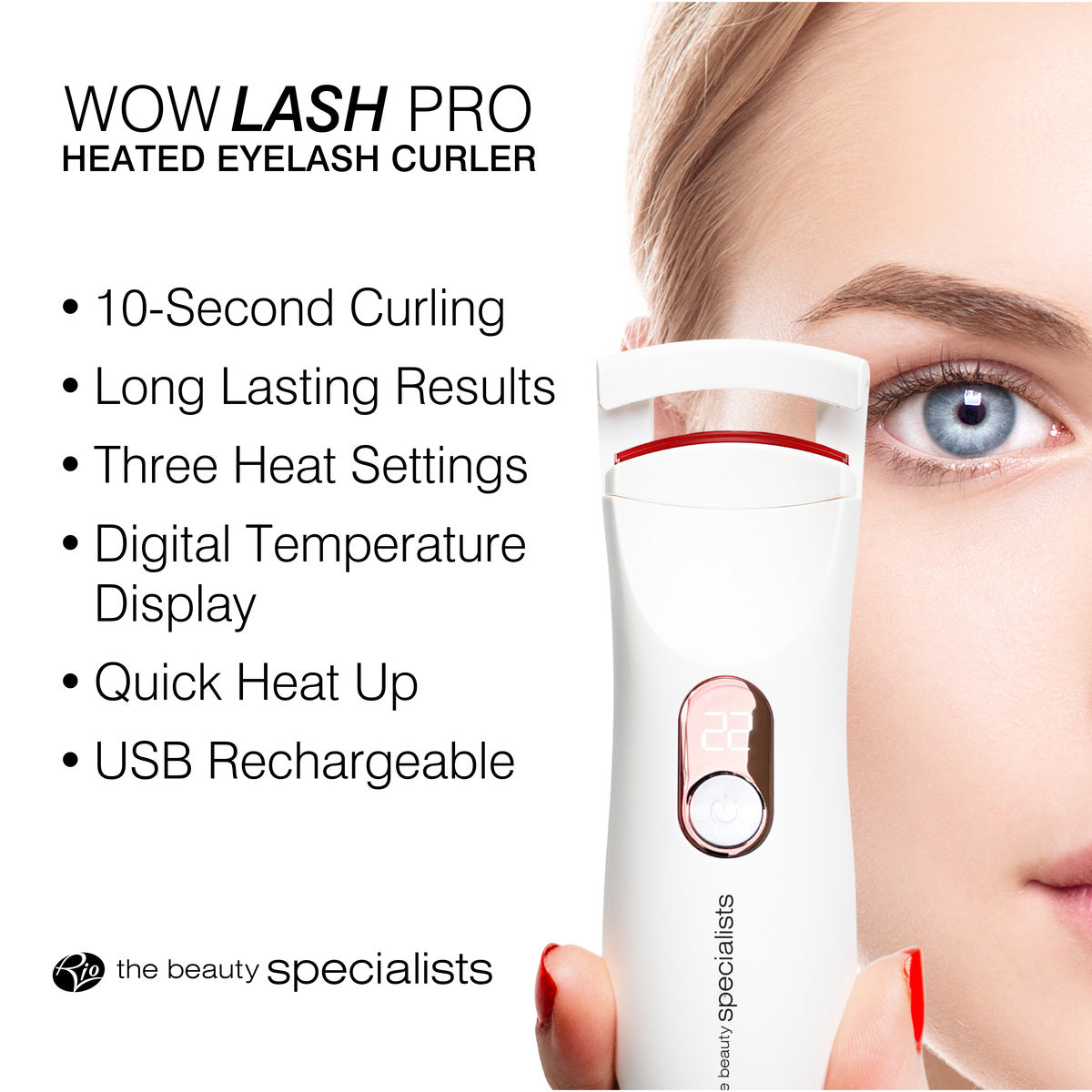 Promotional graphic for the Wow Lash Pro Heated Eyelash Curler, highlighting its key features such as "10-second curling," "long-lasting results," three heat settings, quick heat-up, and USB rechargeable functionality. The image shows a woman using the Heated Eyelash Curler, with her eyelashes appearing curlier, fuller and more defined.