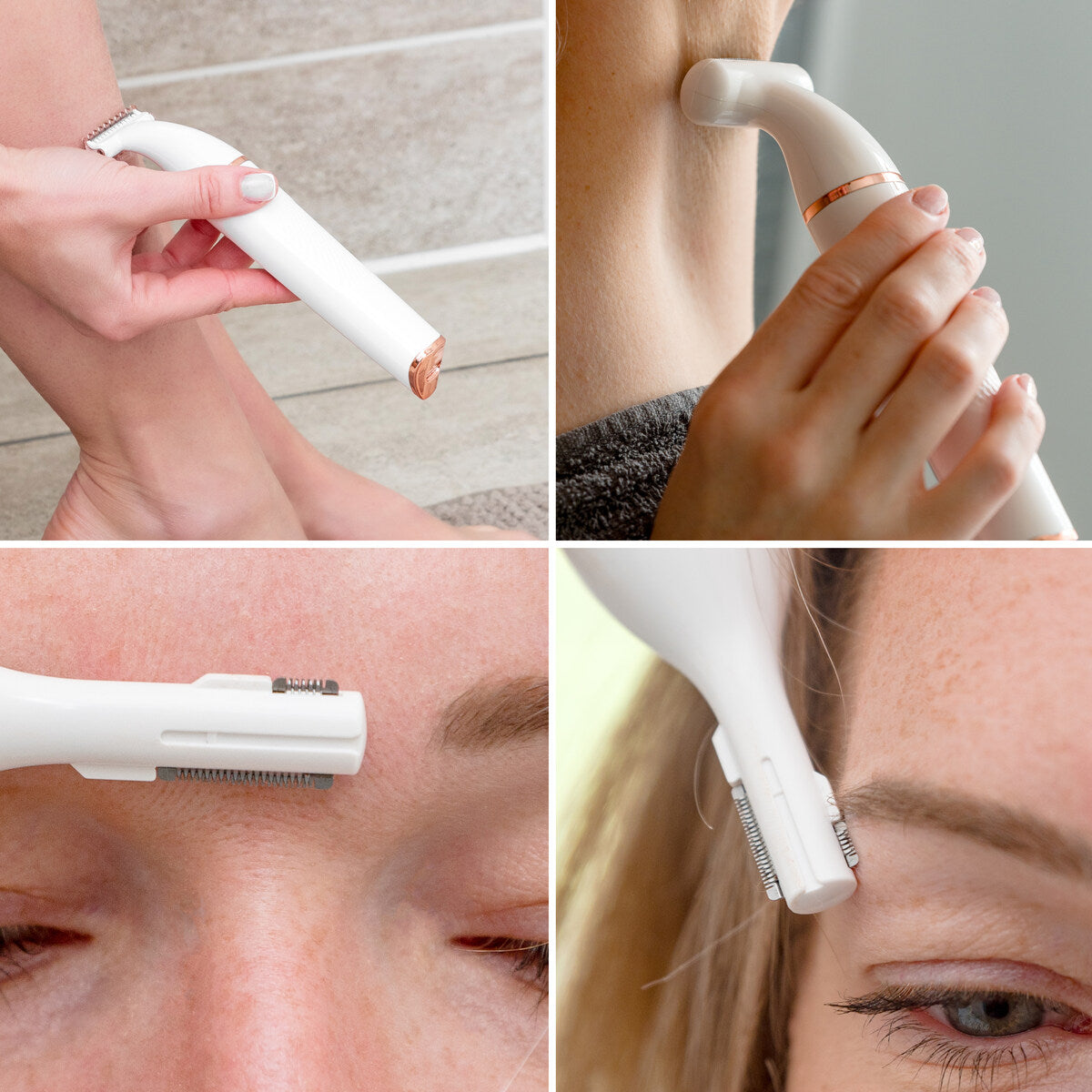 A collage showing the electric lady  shaver in use on different areas. The top left image shows the lady shaver on the legs, the top right image focuses on the lower back, the bottom left image shows eyebrow trimming, and the bottom right image displays close-up precision shaving near the eyebrows.