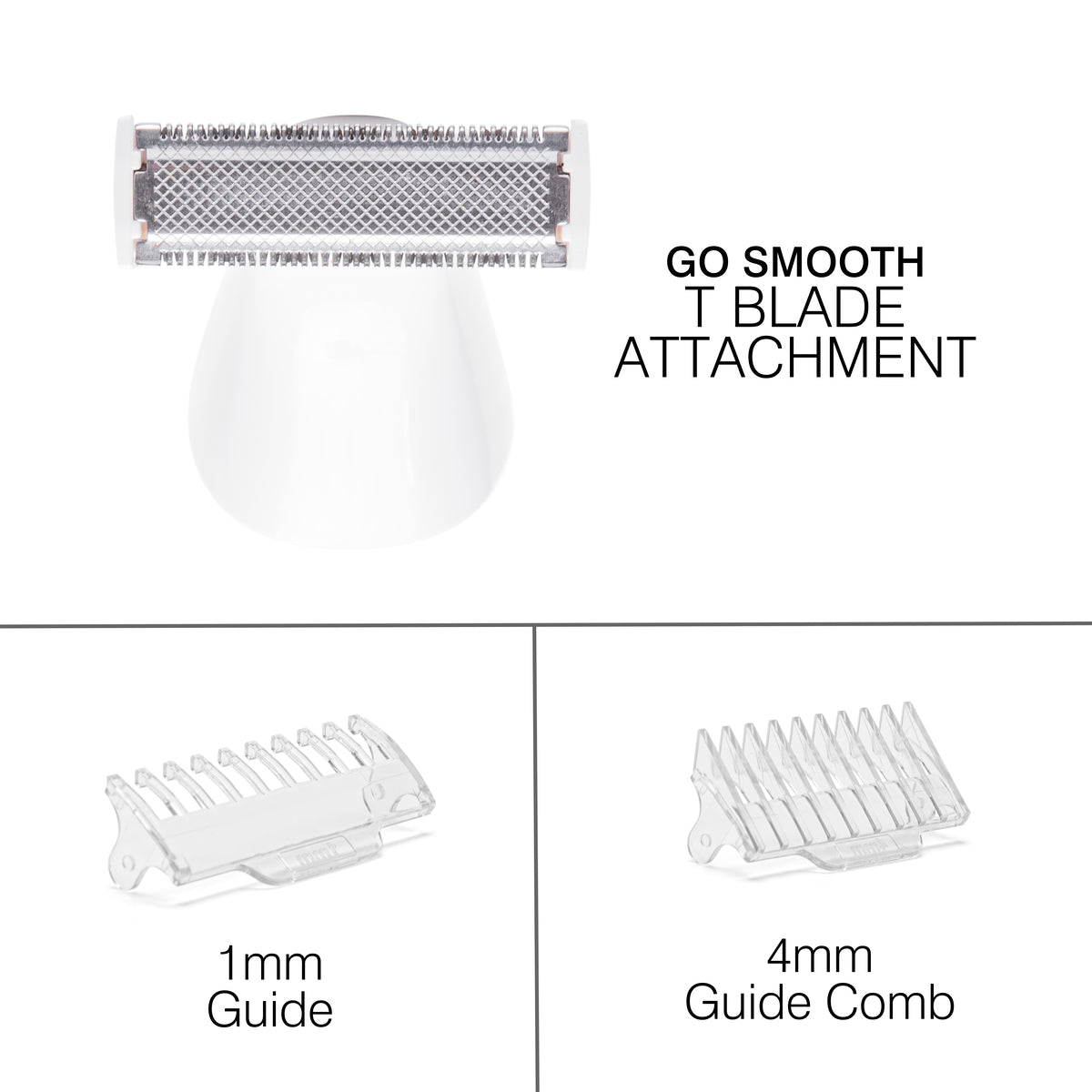 A close-up of the Go Smooth Lady Shaver Bikini Trimmer T blade attachment for the electric lady shaver, designed for precise and smooth body hair trimming. Below the T blade, two guide combs are shown in different sizes, labeled as 1mm and 4mm, for trimming at different hair lengths.