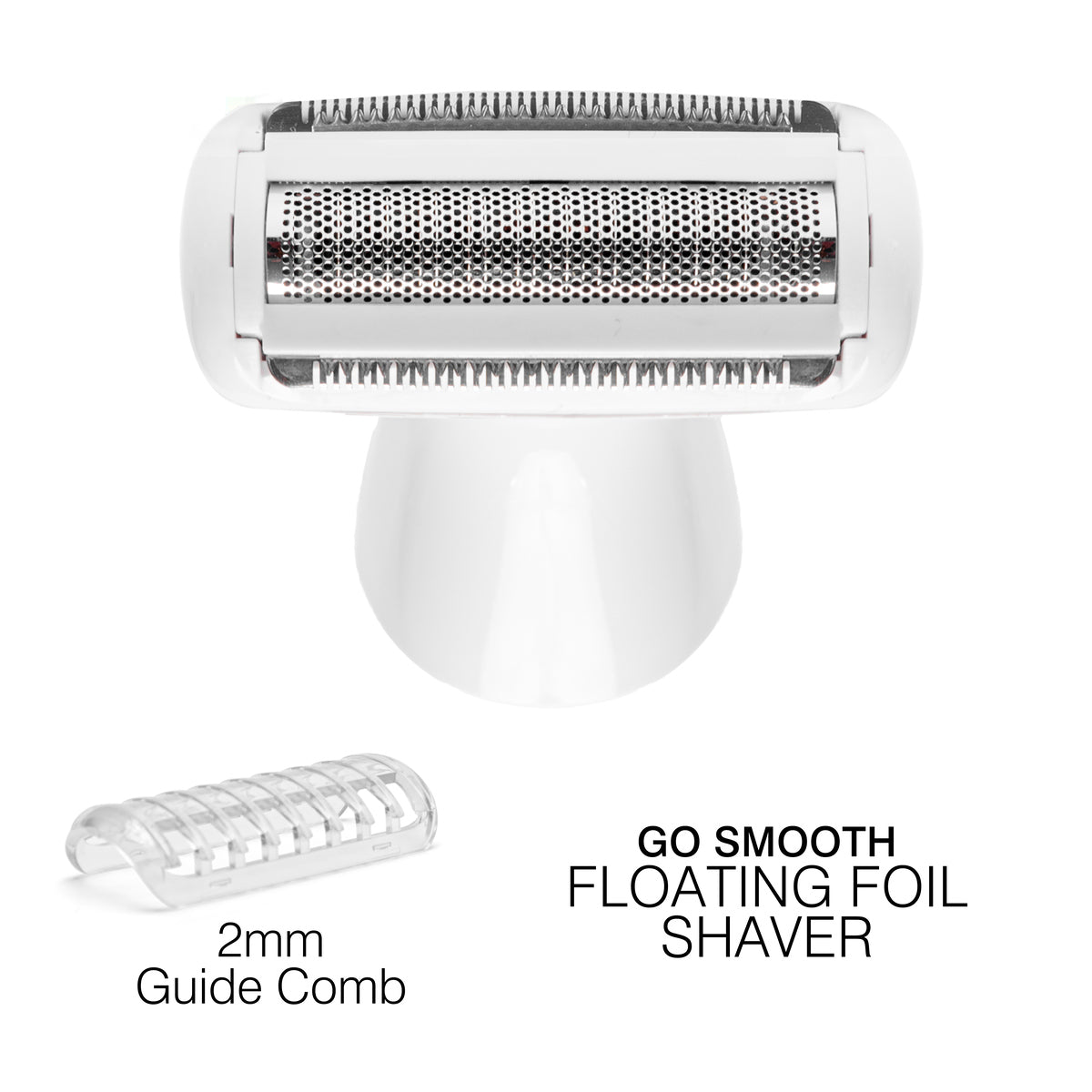 Close-up of the Lady Shaver Bikini Trimmer with the "Go Smooth Floating Foil Shaver" attachment. The image highlights the lady shaver's floating foil technology for smooth hair removal. Below the lady shaver head, a 2mm guide comb is displayed for more precise trimming.