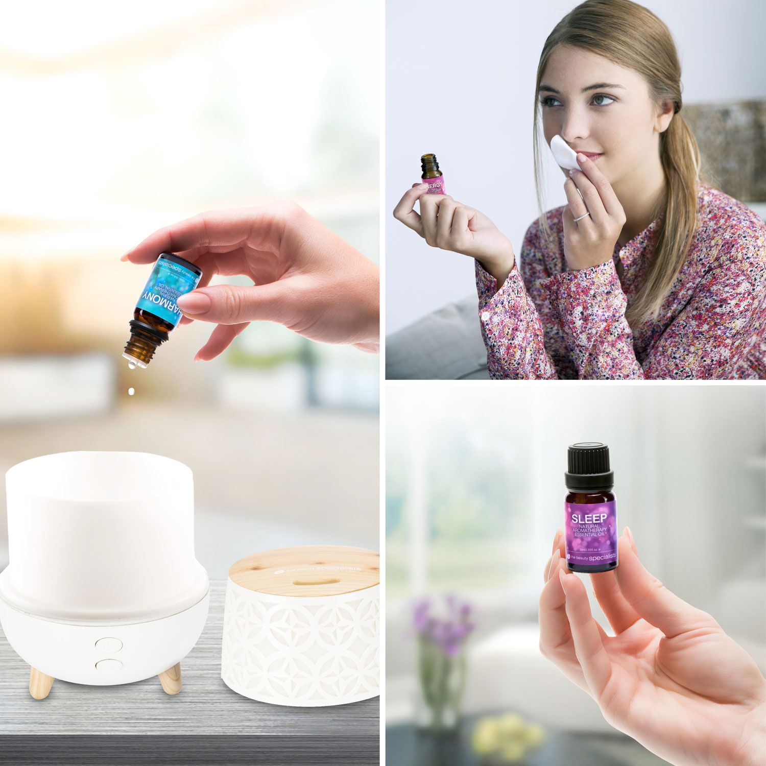 collage of images of the oils in use lady dispensing harmony oil into aroma diffuser a lady using relax oil on cotton pad to inhale ladys hand holding sleep oil
