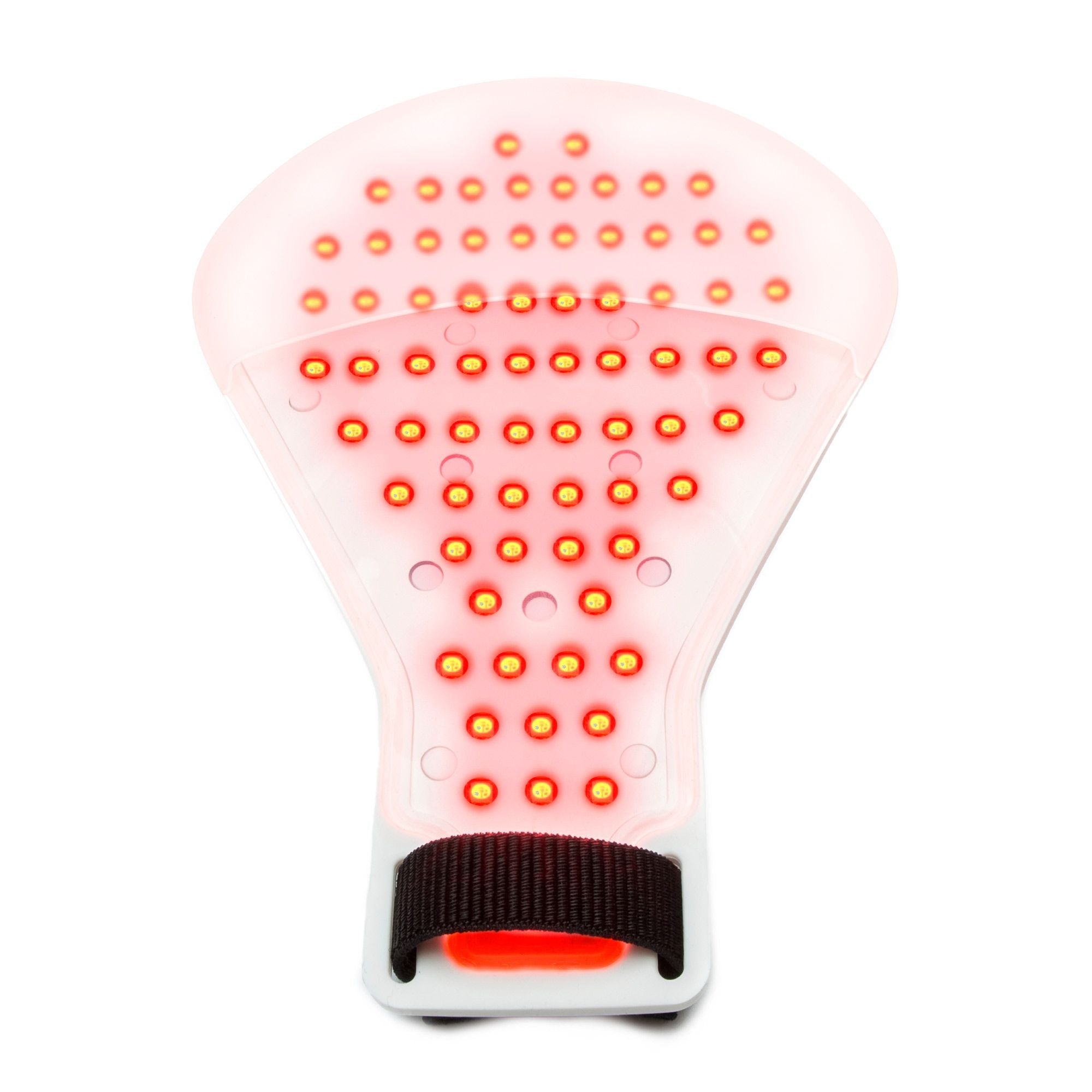 Underneath of handLITE LED light treatment glove showing LED red lights lit up.