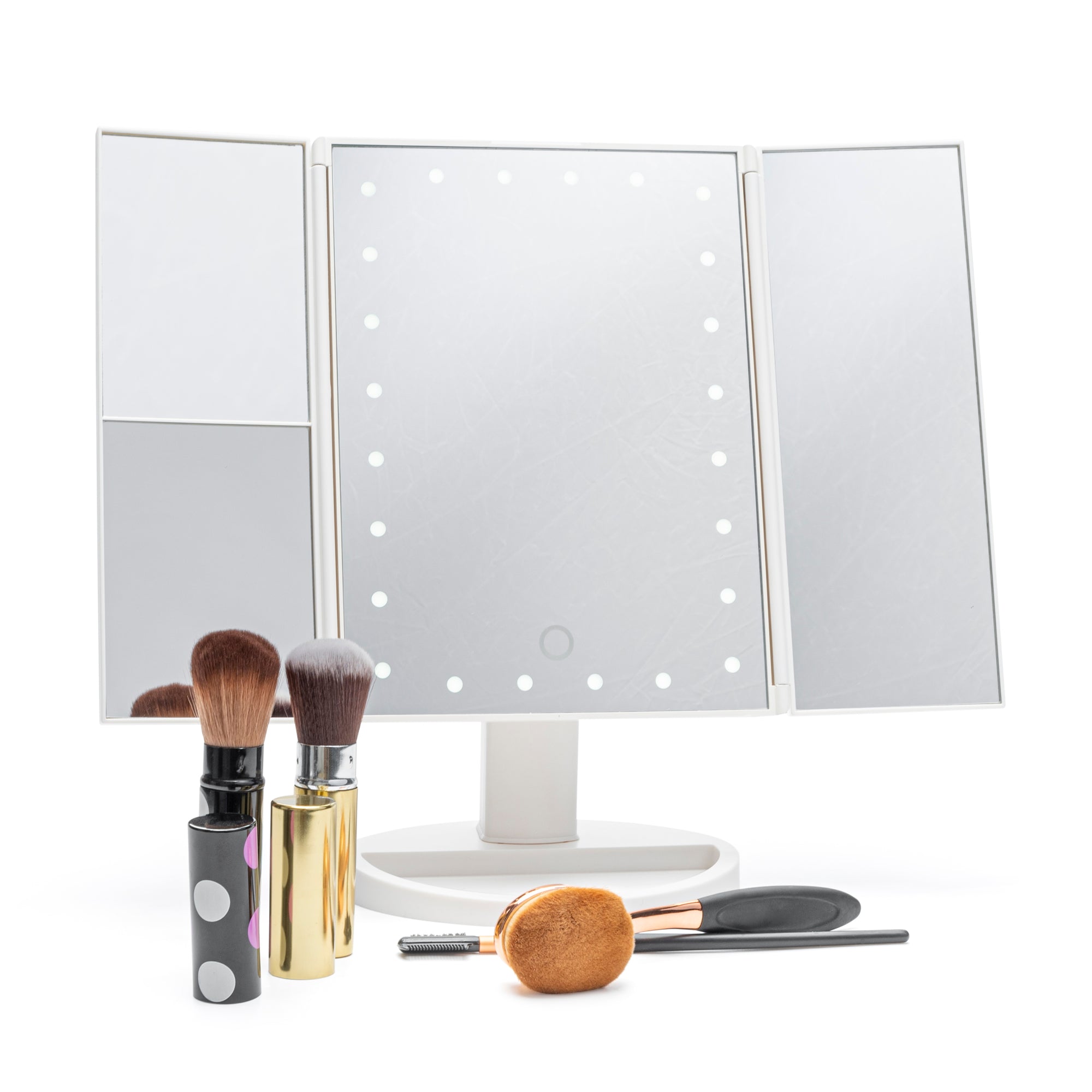 24 LED touch dimmable make up mirror with 2x 3x magnification in white surrounded by cosmetics