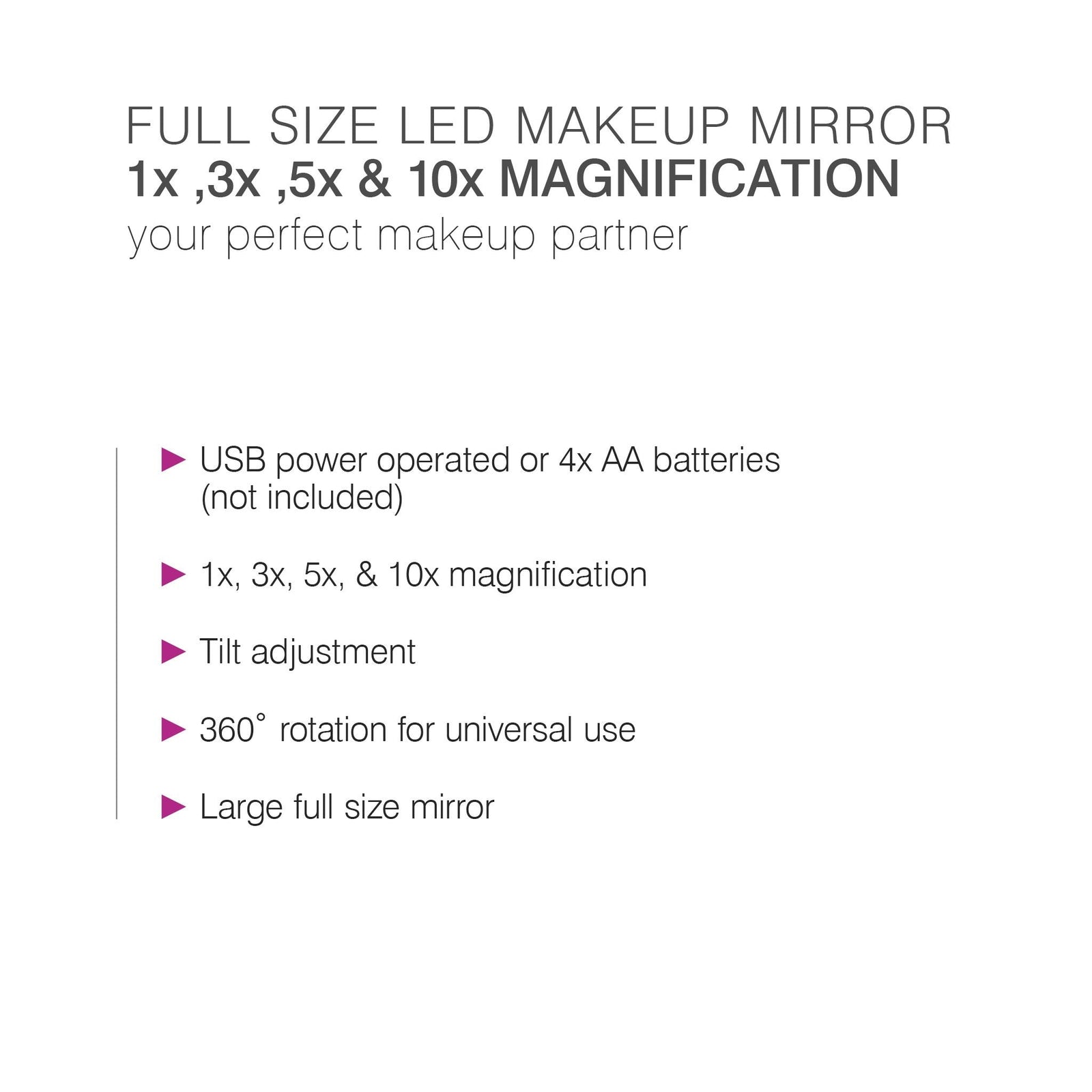 Full Size LED Makeup Mirror 1x 3x 5x & 10x Magnification - Rio the Beauty  Specialists