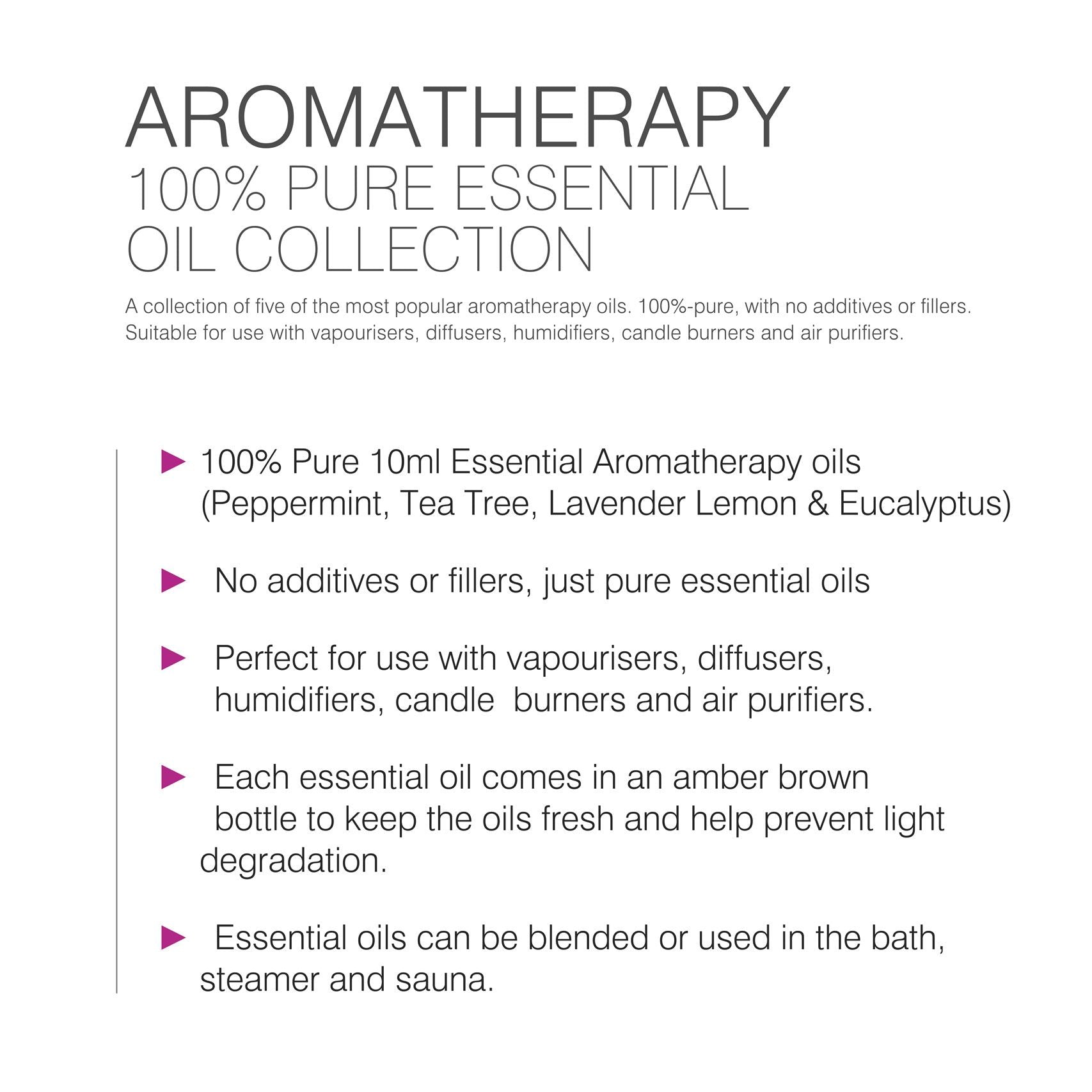 bulleted text listing features of rio aromatherapy 100% essential oil collection 100% pure 10ml essential aromatherapy oil no additives or fillers just pure essential oil perfect for use with vaporisers diffusers humidifiers candle burners and air purifiers each essential oil comes in an amber brown bottle to keep the oils fresh and help prevent light degradation essential oils can be blended or used in the bath steamer and sauna 