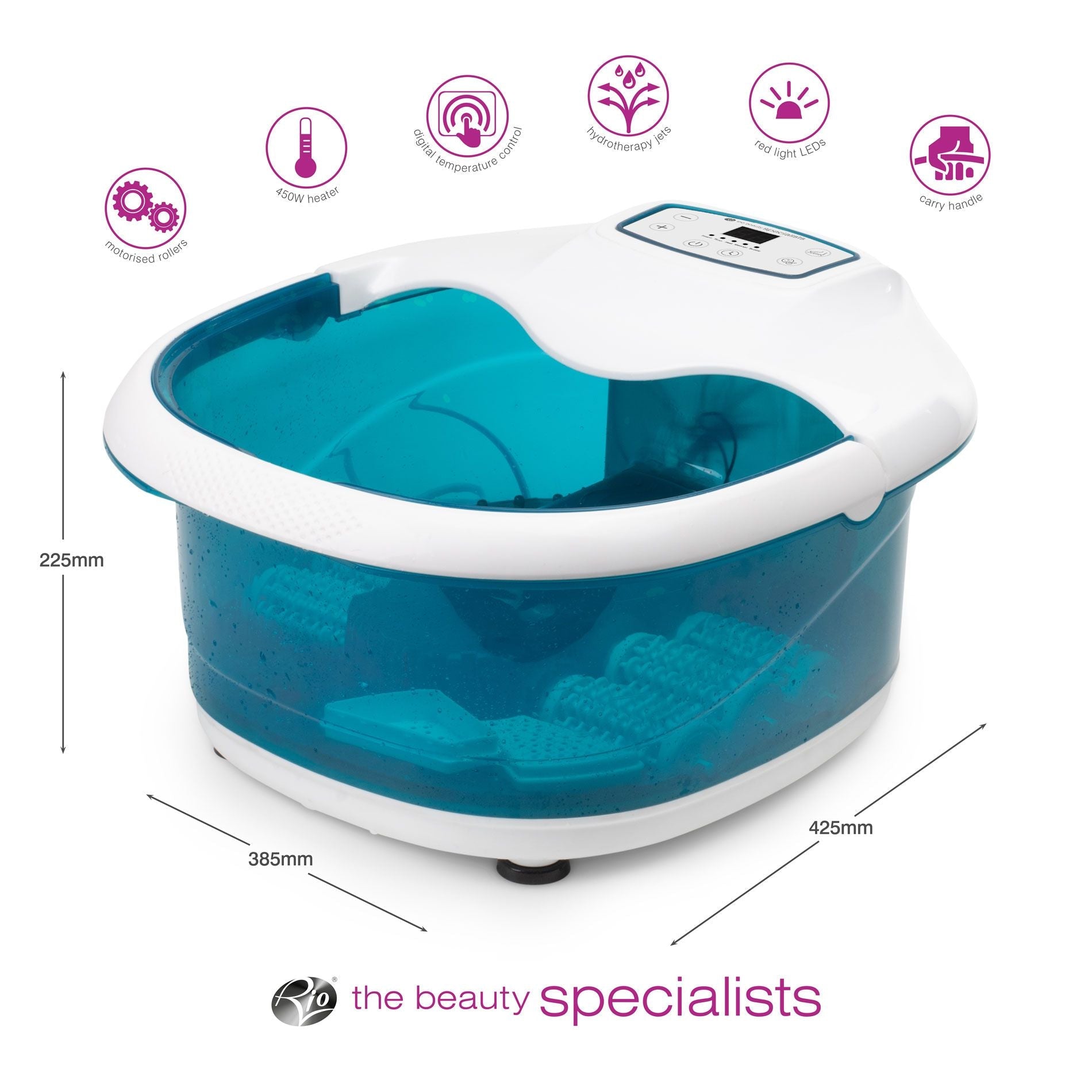 motorised roller foot spa bath with arrows labelling height 225mm, width 385mm and depth 425mm