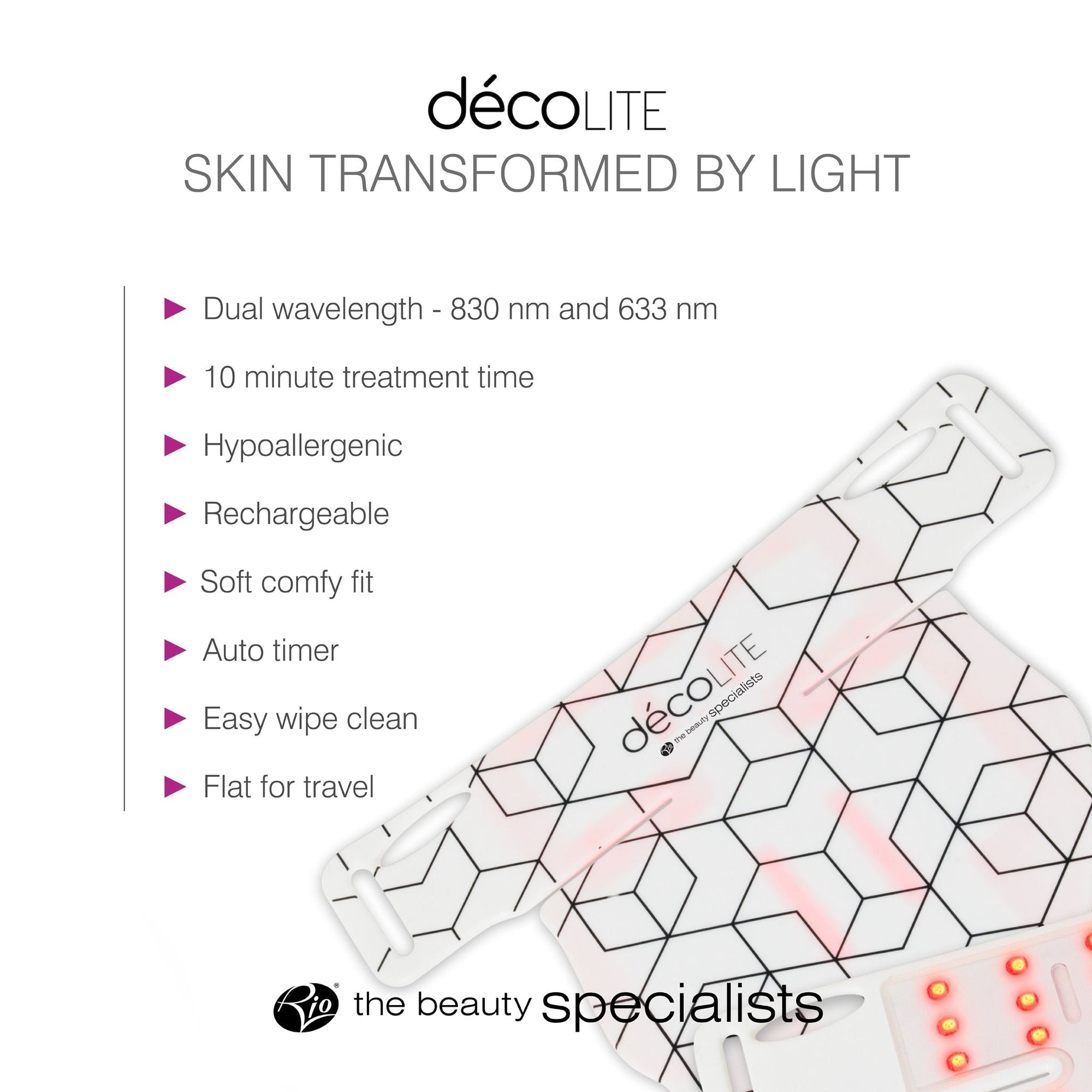 Bullet point list of features for the decoLITE LED light soft-fit mask.
