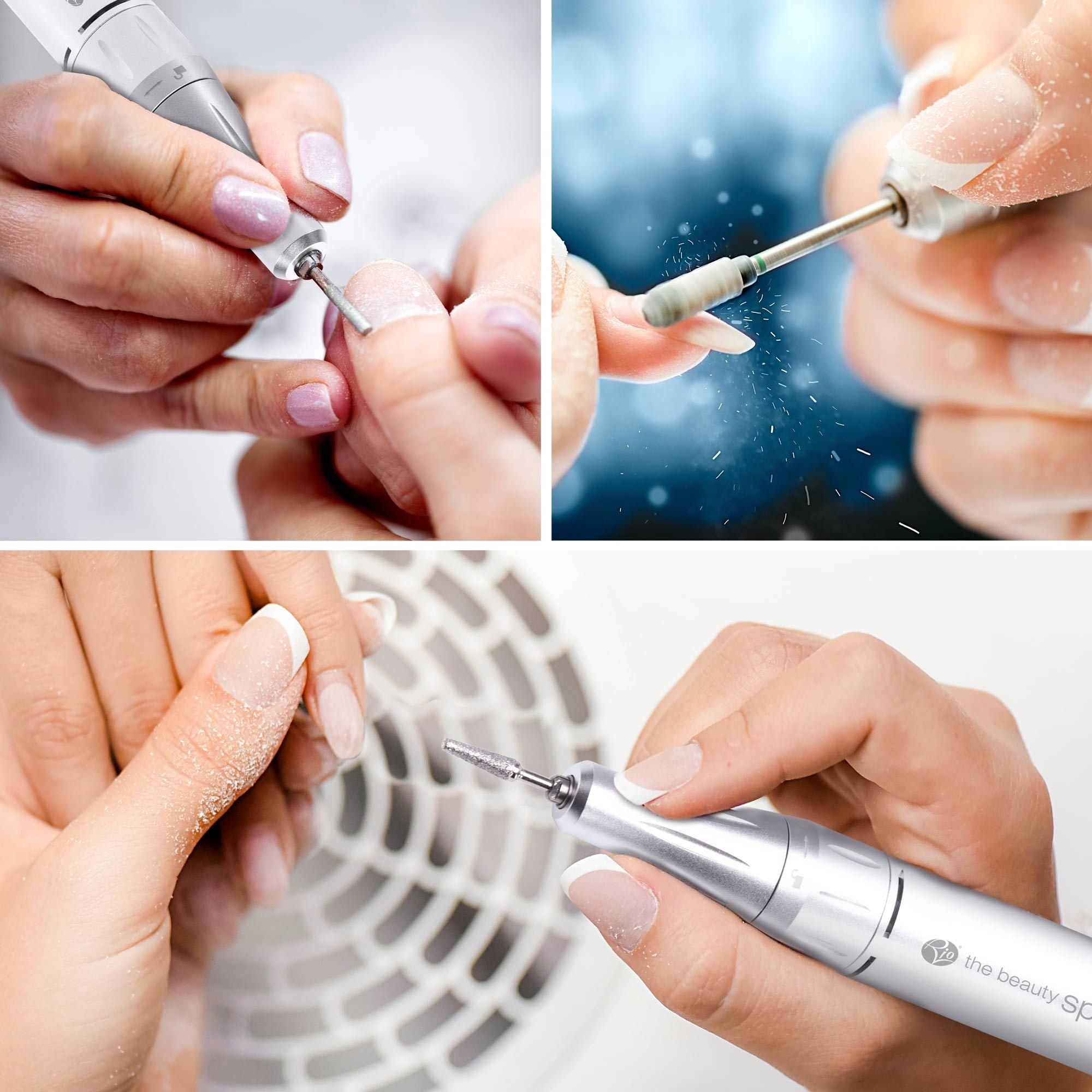 Montage of 3 shots of motorised electric nail file being used by nail technicians to file down acrylic and prep nails. 