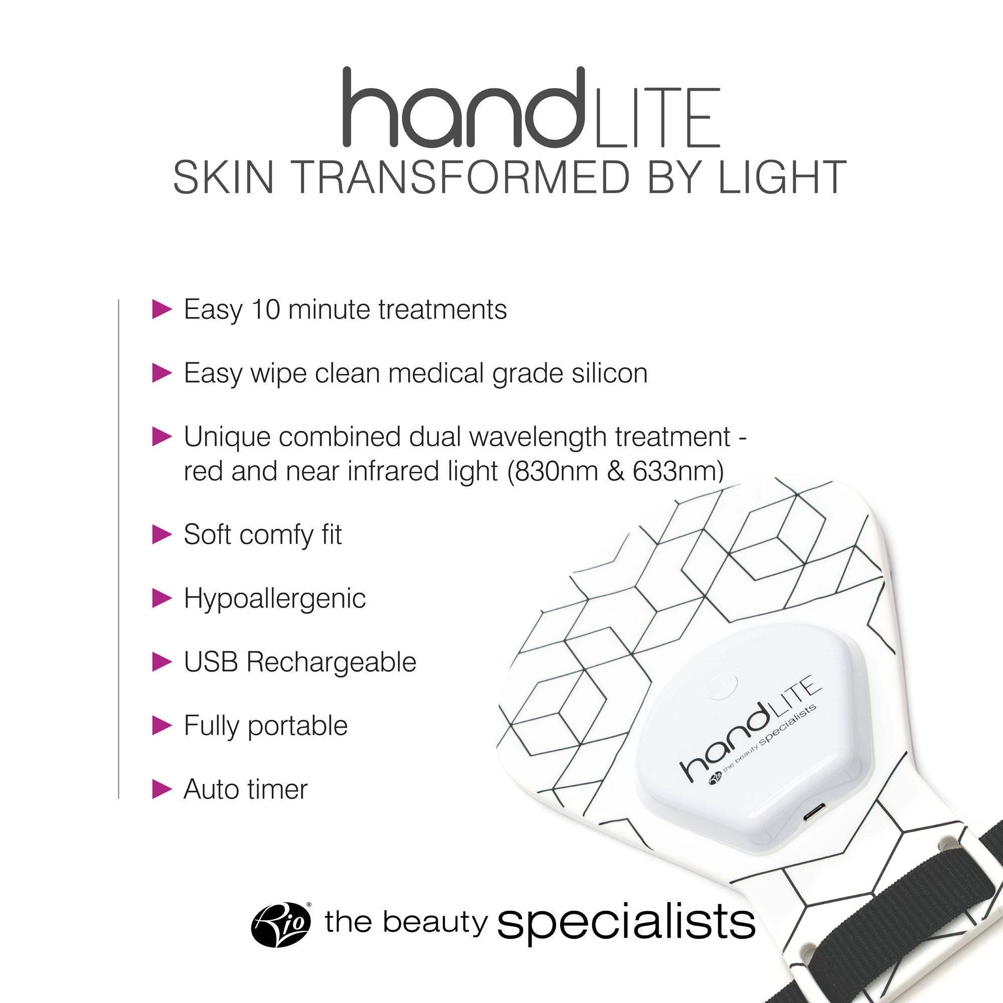 Bullet point list of features for the handLITE LED light treatment glove.