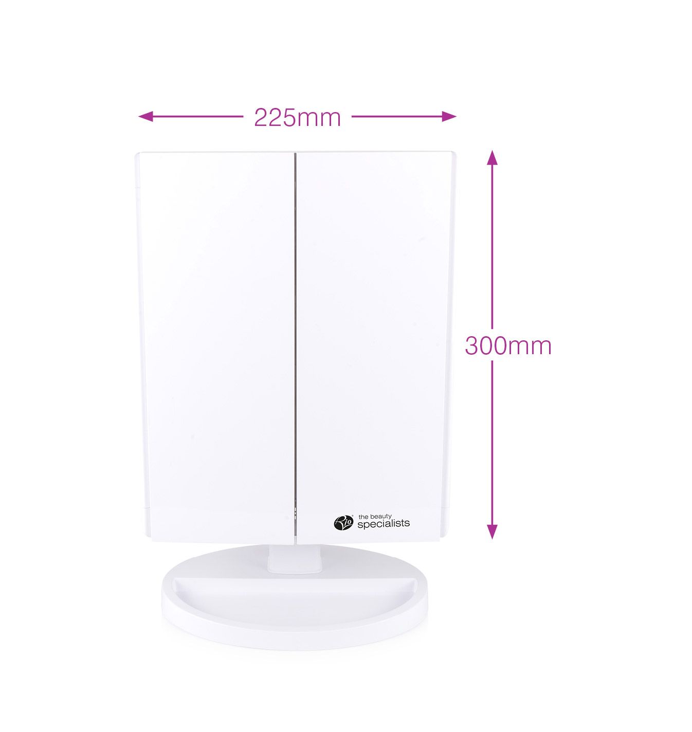 Full size LED make up mirror 1x 3x 5x 10x magnification with tri fold doors closed and arrows labelling height 300mm and width 225mm